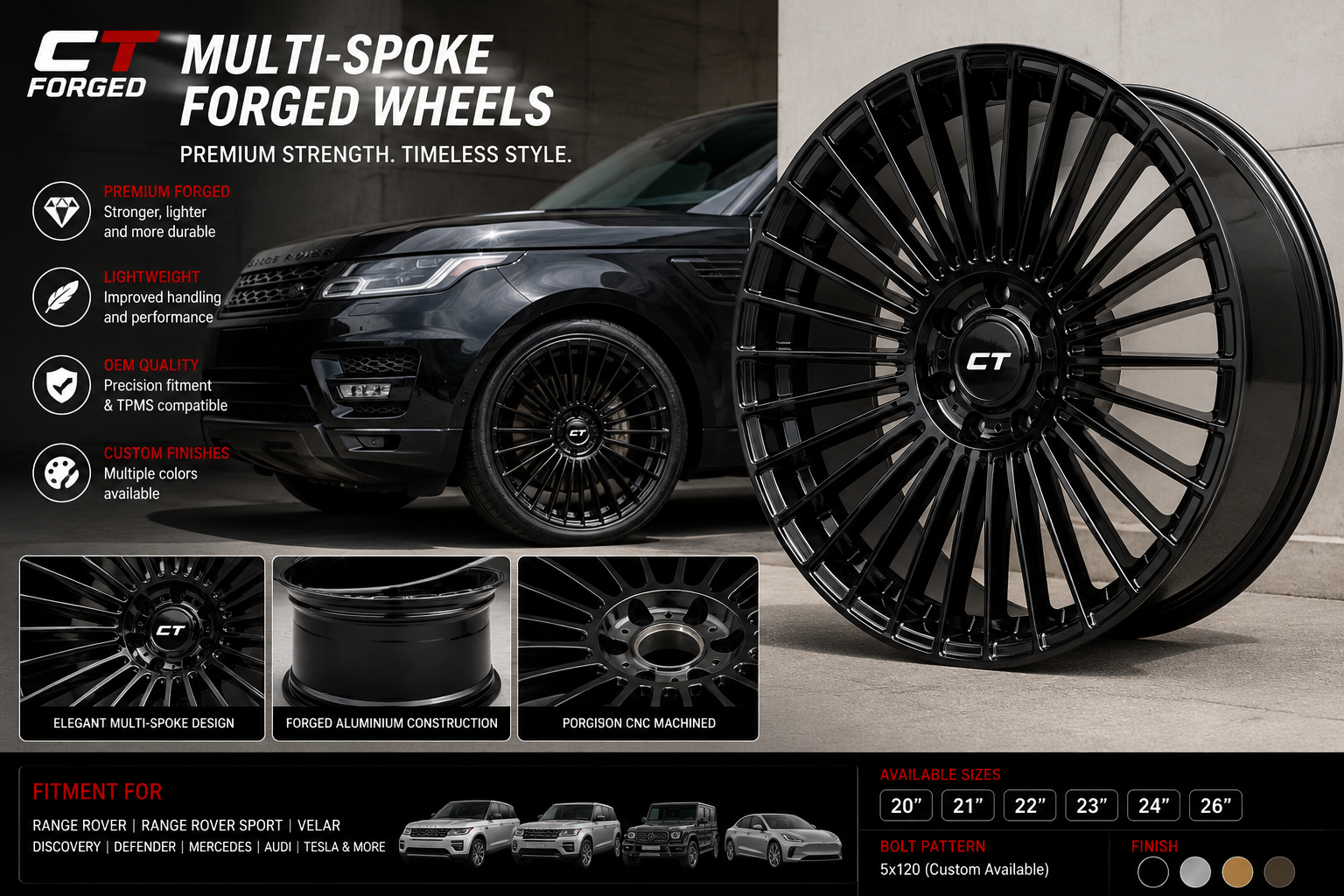 CT Forged Multi-Spoke Gloss Black Wheels – 20”–26” Custom Alloy Rims