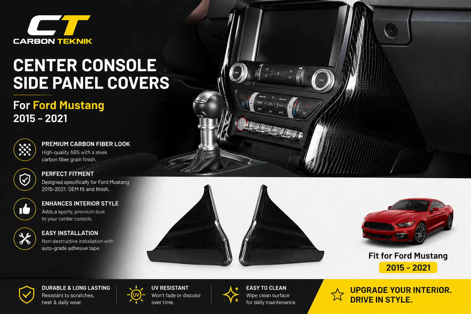 Carbon Fiber Center Console Side Panel Covers

Fits Ford Mustang 2015–2021