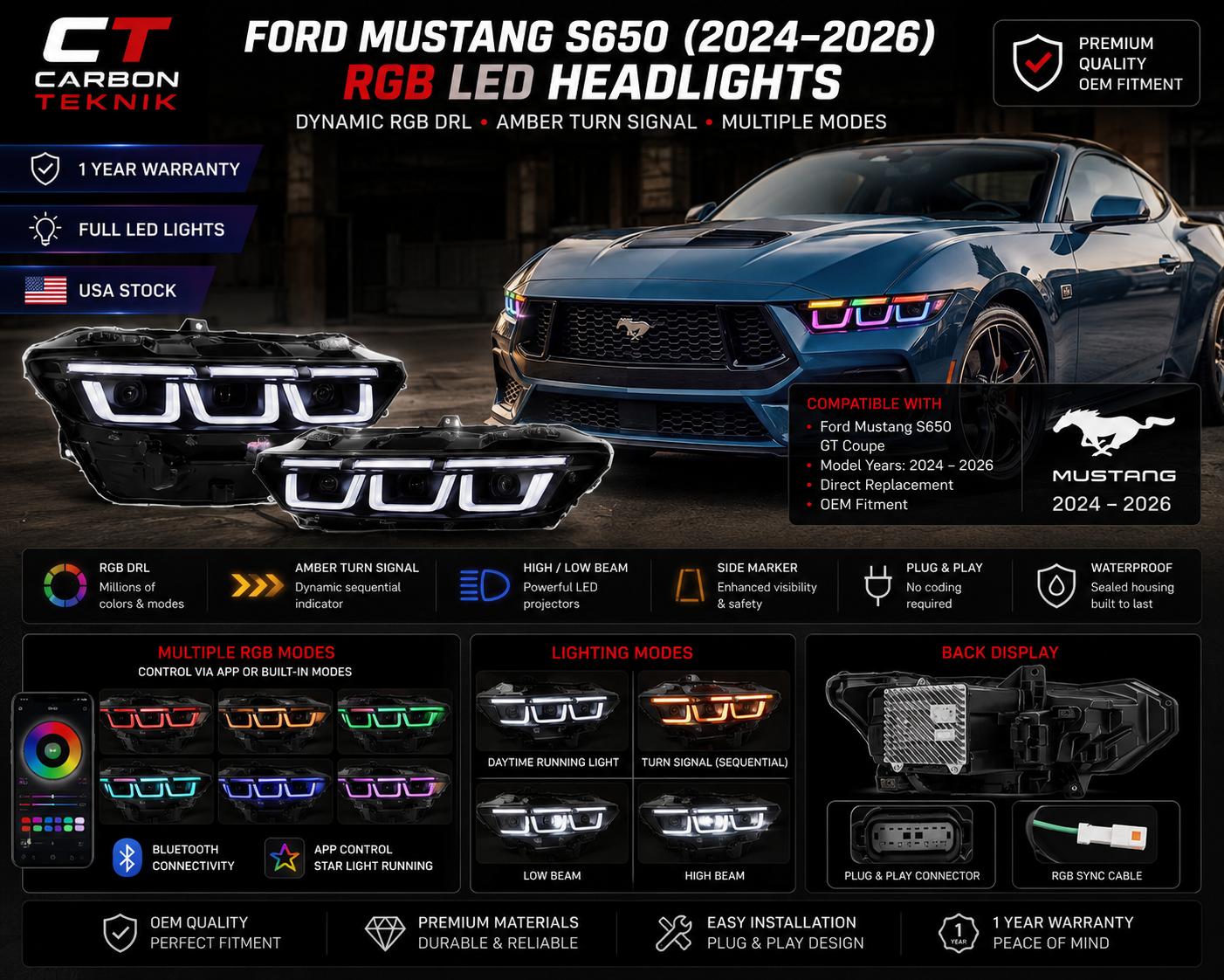 Ford Mustang S650 (2024–2026) RGB LED Headlights