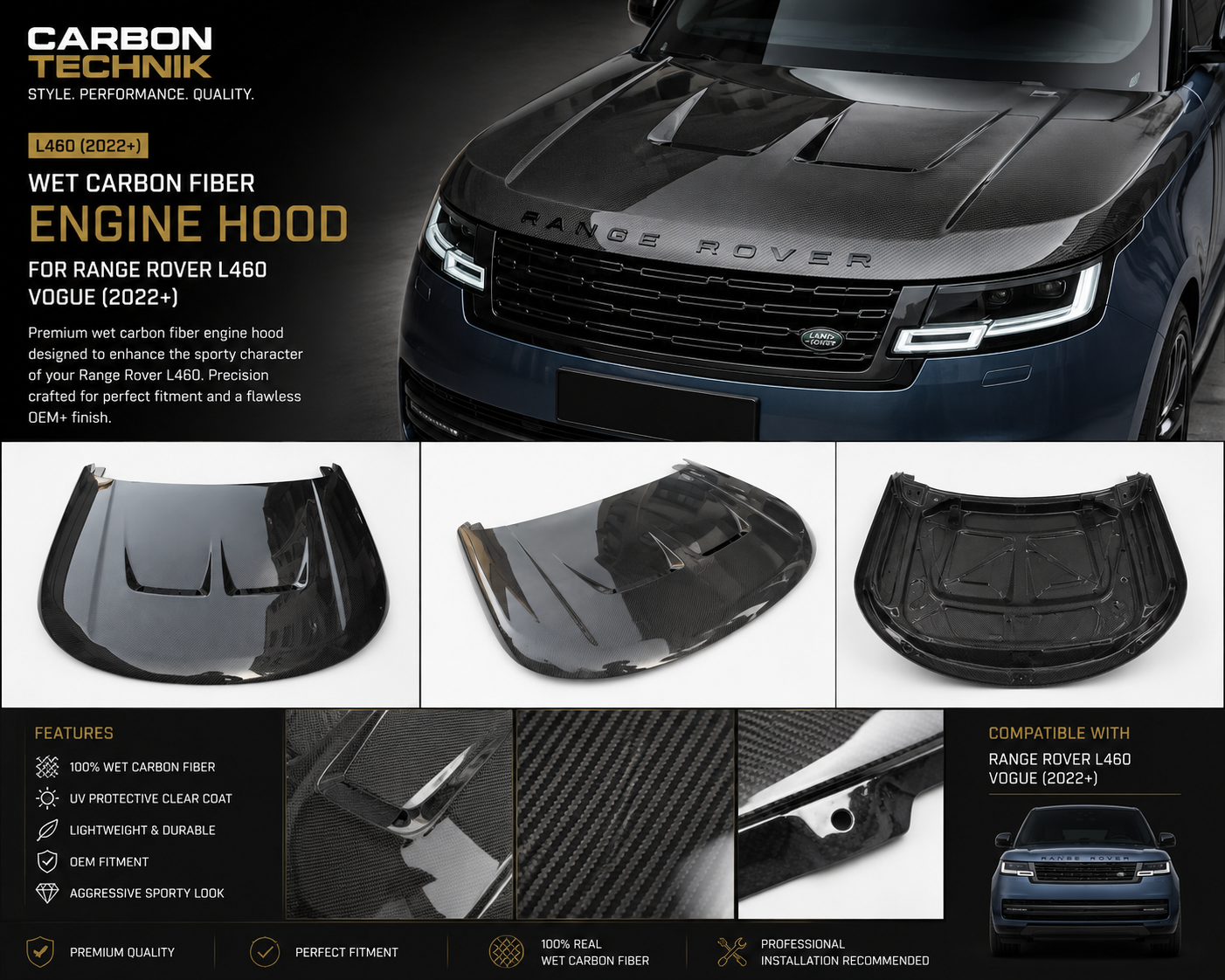 Range Rover L460 SVR Style Wet Carbon Fiber Hood (2022+)