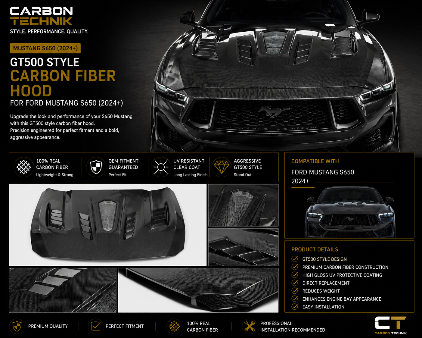 GT500 Style Carbon Fiber Hood – Ford Mustang S650 (2024+)