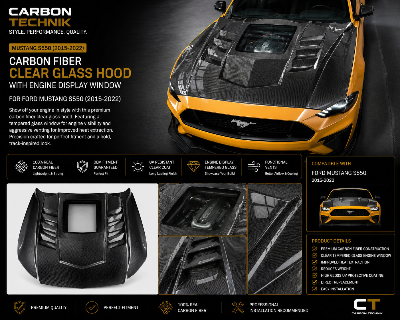 Mustang S550 Carbon Fiber Clear Glass Hood (2015–2022)
