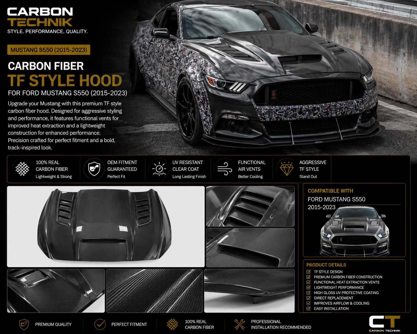 Mustang S550 TF Style Carbon Fiber Hood (2015–2023)