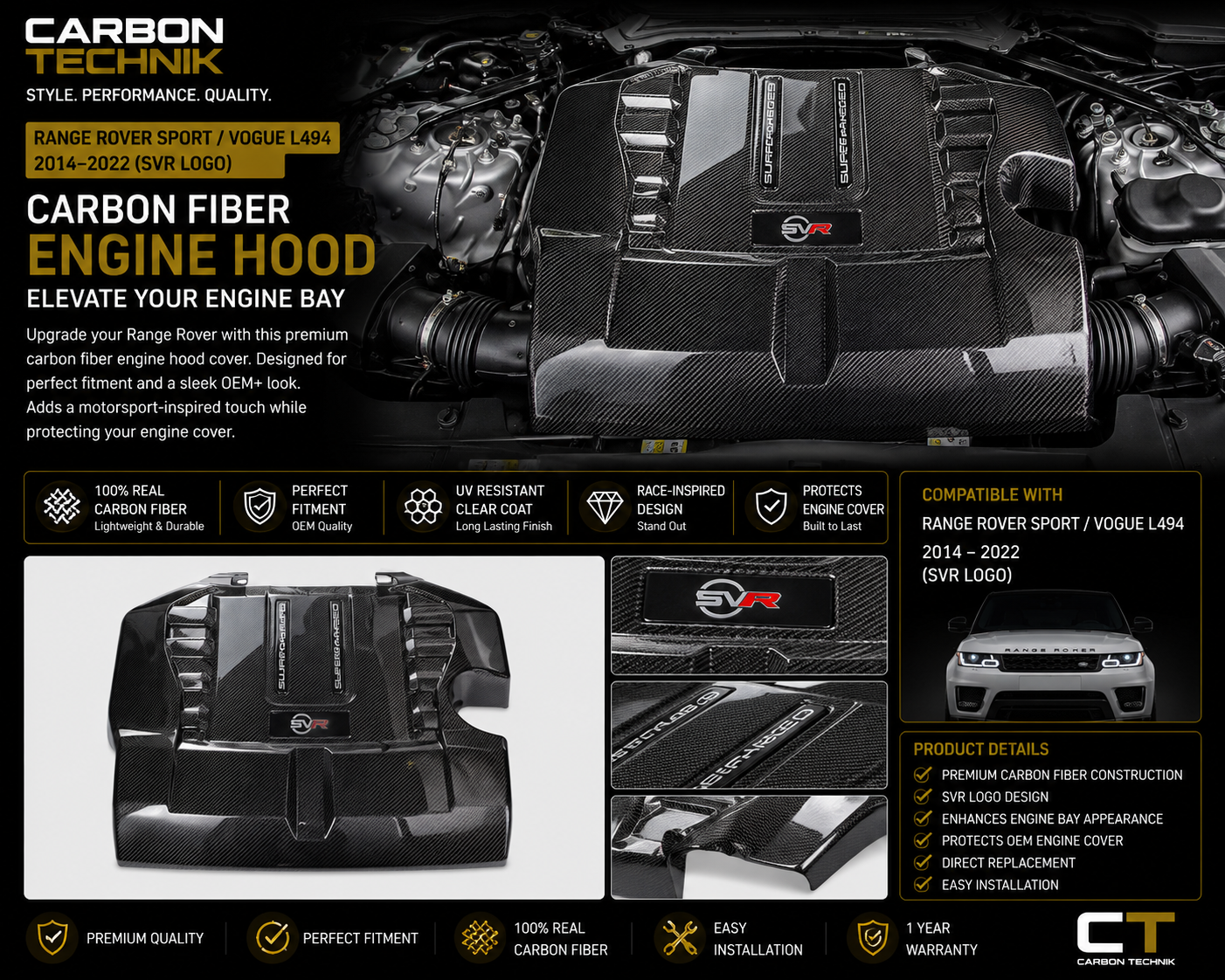 Range Rover Sport L494 / Range Rover Vogue L405 Carbon Fiber Engine Cover (SVR Style)