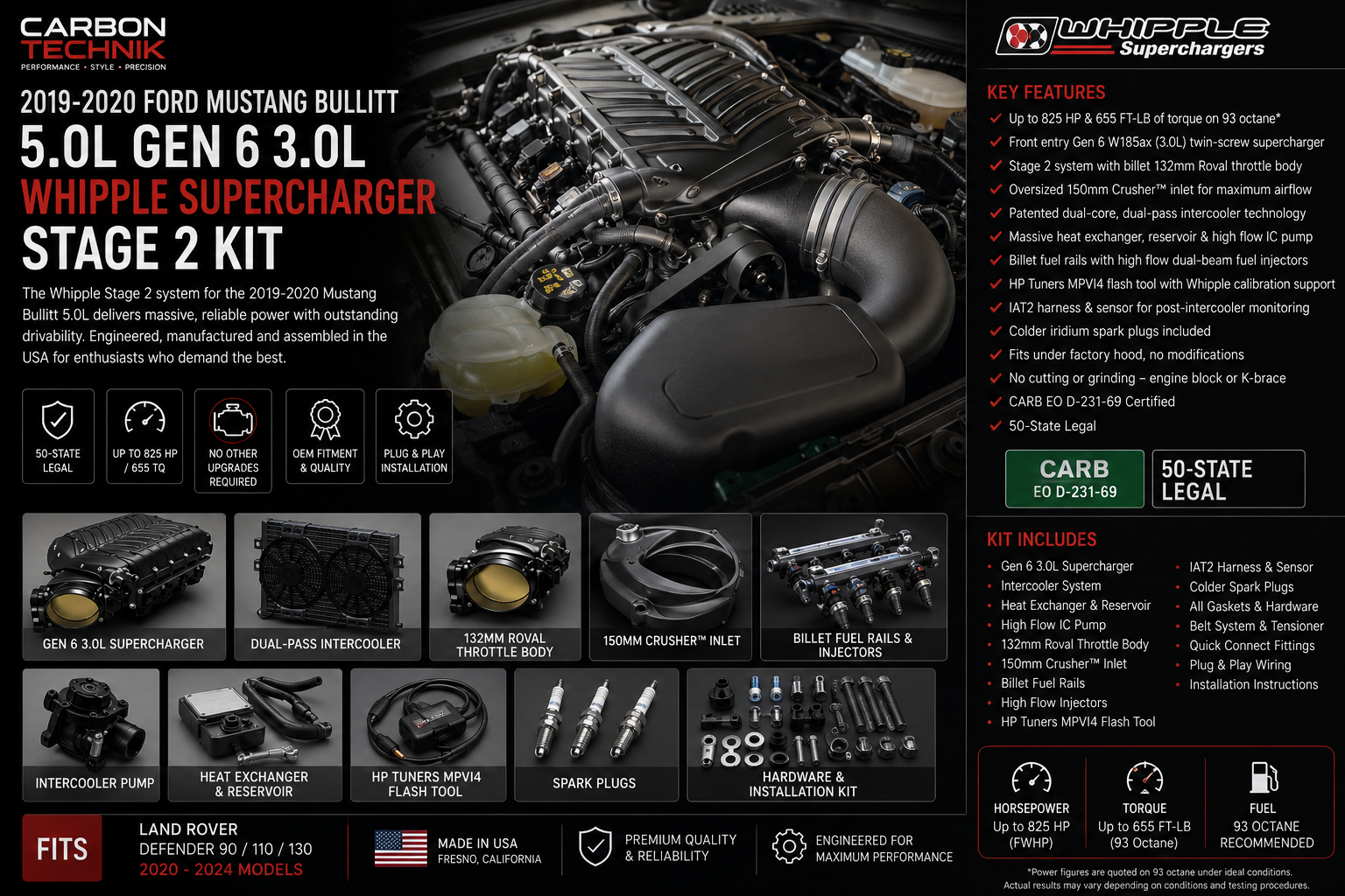 2019–2020 Ford Mustang Bullitt 5.0L Gen 6 3.0L Whipple Supercharger Stage 2 Kit