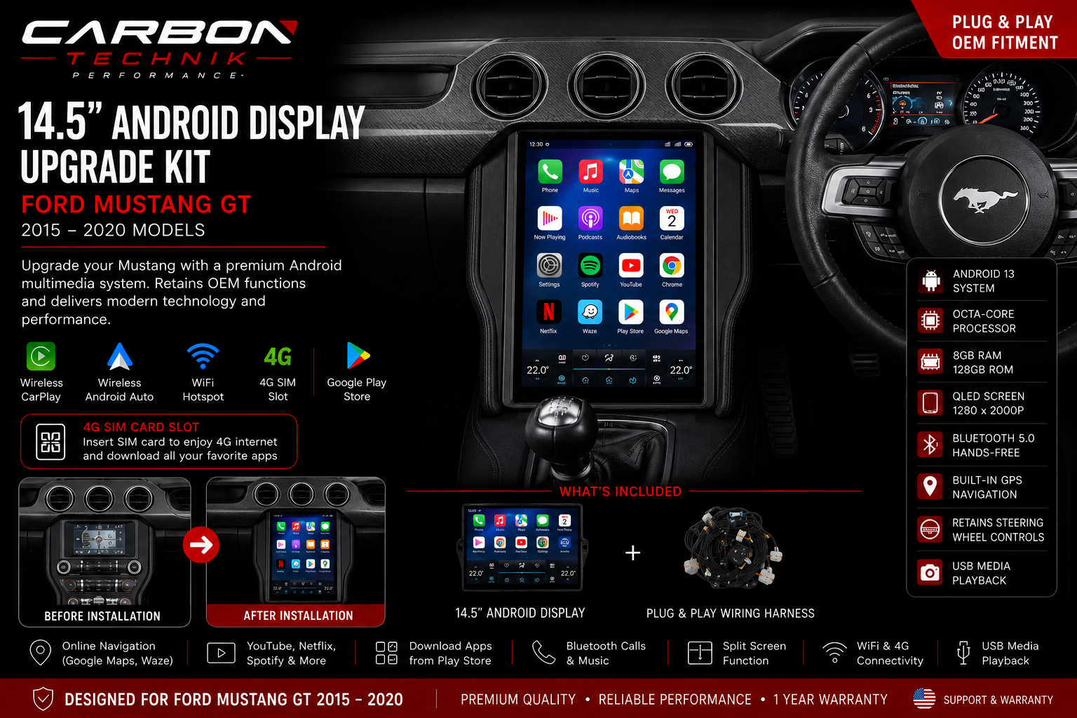 14.5” Android Display Upgrade Kit – Ford Mustang GT (2015–2020)