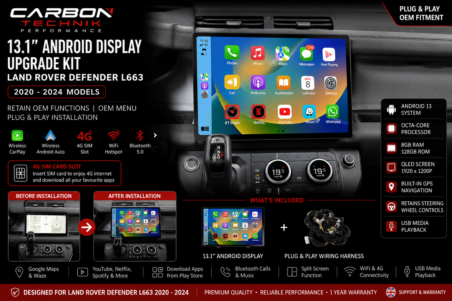 13.1” Android Display Upgrade Kit – Land Rover Defender L663 (2020–2024)