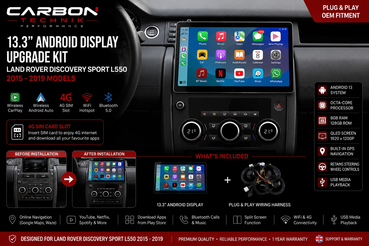 13.3” Android Display Upgrade Kit – Land Rover Discovery Sport L550 (2015–2019)