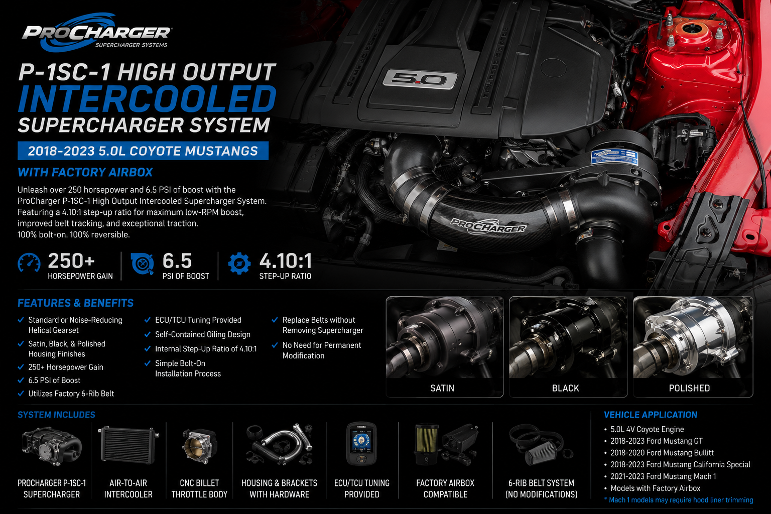 ProCharger P-1SC-1 High Output Intercooled Supercharger System

2018–2023 Ford Mustang GT 5.0L Coyote (Factory Airbox)